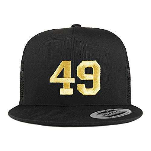 Trendy Apparel Shop Number 49 Gold Thread Embroidered Flat Bill 5 Panel Trucker Cap