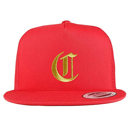 Trendy Apparel Shop Old English Gold C Embroidered 5 Panel Flatbill Trucker Mesh Cap