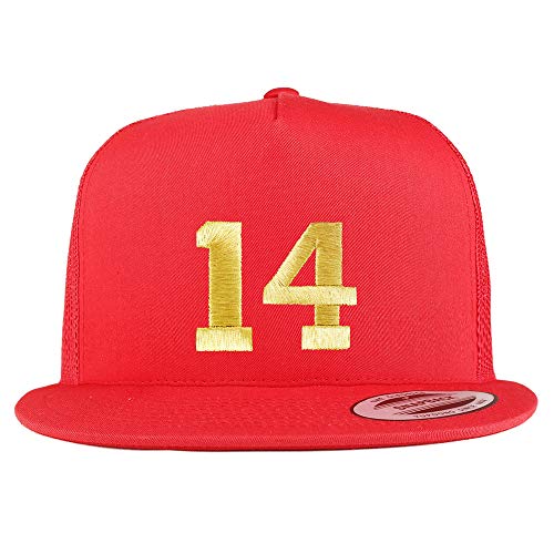 Trendy Apparel Shop Number 14 Gold Thread Embroidered Flat Bill 5 Panel Trucker Cap