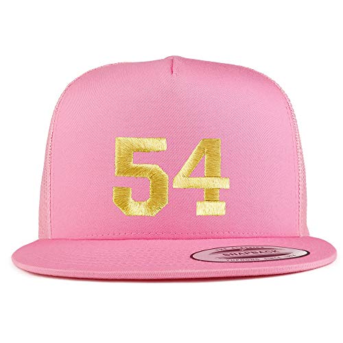 Trendy Apparel Shop Number 54 Gold Thread Embroidered Flat Bill 5 Panel Trucker Cap