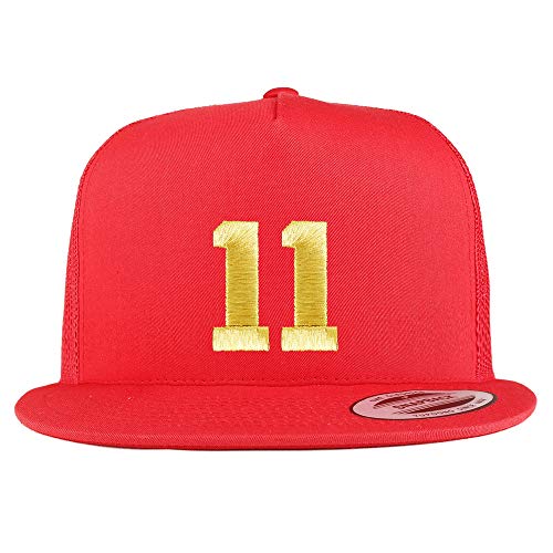 Trendy Apparel Shop Number 11 Gold Thread Embroidered Flat Bill 5 Panel Trucker Cap