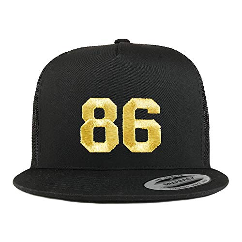 Trendy Apparel Shop Number 86 Gold Thread Embroidered Flat Bill 5 Panel Trucker Cap