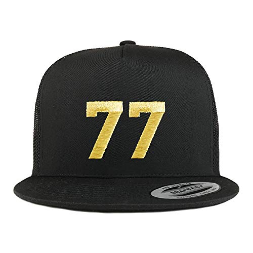 Trendy Apparel Shop Number 77 Gold Thread Embroidered Flat Bill 5 Panel Trucker Cap