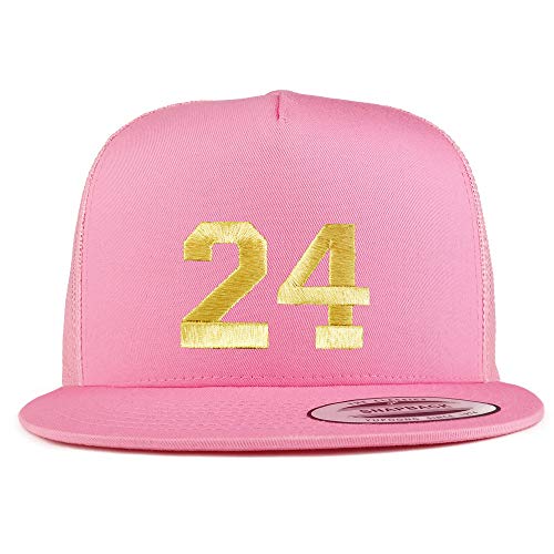 Trendy Apparel Shop Number 24 Gold Thread Embroidered Flat Bill 5 Panel Trucker Cap