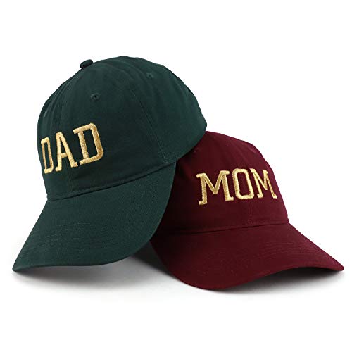 Trendy Apparel Shop Capital Gold Thread Mom and Dad Soft Cotton 2 Pc Cap Set