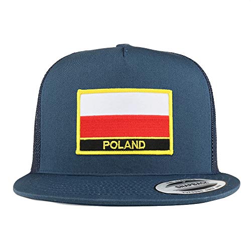 Trendy Apparel Shop Poland Flag 5 Panel Flatbill Trucker Mesh Snapback Cap