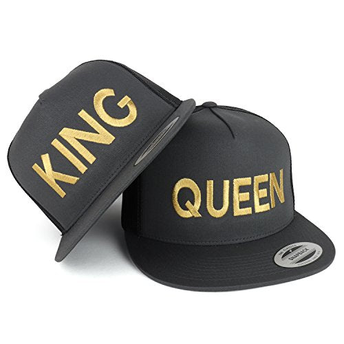 Trendy Apparel Shop King and Queen Gold Embroidered 5 Panel Flat Bill Mesh Cap