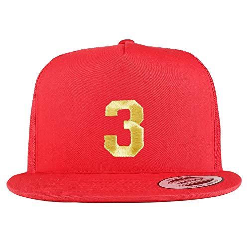 Trendy Apparel Shop Number 3 Gold Thread Embroidered Flat Bill 5 Panel Trucker Cap