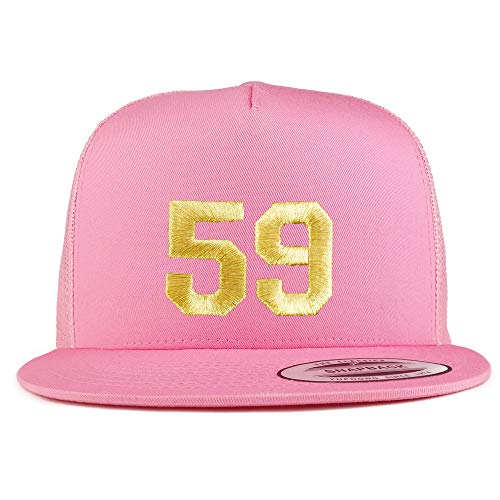 Trendy Apparel Shop Number 59 Gold Thread Embroidered Flat Bill 5 Panel Trucker Cap