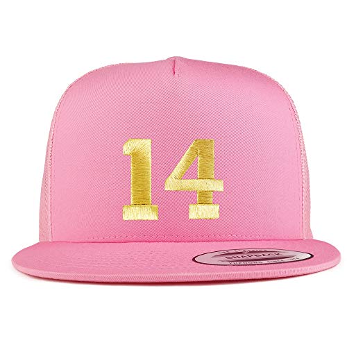 Trendy Apparel Shop Number 14 Gold Thread Embroidered Flat Bill 5 Panel Trucker Cap