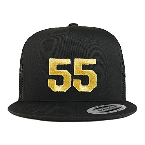 Trendy Apparel Shop Number 55 Gold Thread Embroidered Flat Bill 5 Panel Trucker Cap