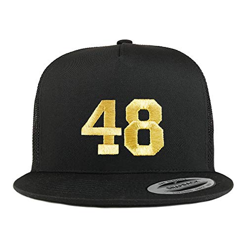 Trendy Apparel Shop Number 48 Gold Thread Embroidered Flat Bill 5 Panel Trucker Cap