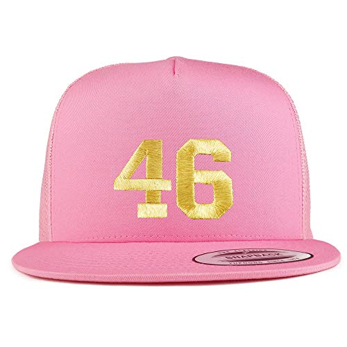 Trendy Apparel Shop Number 46 Gold Thread Embroidered Flat Bill 5 Panel Trucker Cap