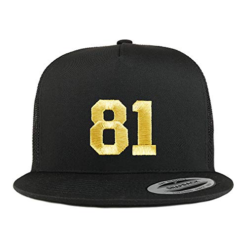 Trendy Apparel Shop Number 81 Gold Thread Embroidered Flat Bill 5 Panel Trucker Cap