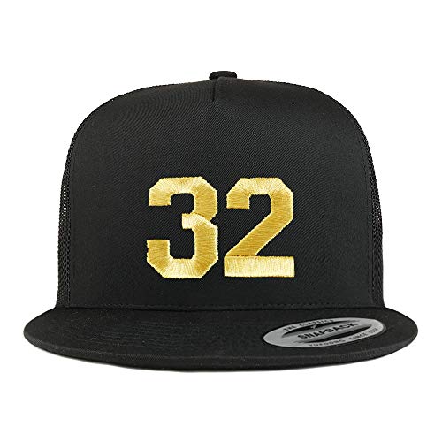 Trendy Apparel Shop Number 32 Gold Thread Embroidered Flat Bill 5 Panel Trucker Cap