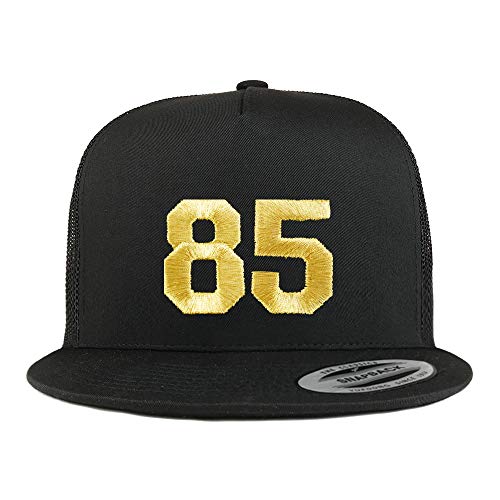 Trendy Apparel Shop Number 85 Gold Thread Embroidered Flat Bill 5 Panel Trucker Cap