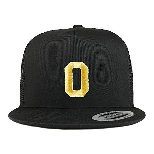 Trendy Apparel Shop Number 0 Gold Thread Embroidered Flat Bill 5 Panel Trucker Cap