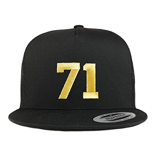 Trendy Apparel Shop Number 71 Gold Thread Embroidered Flat Bill 5 Panel Trucker Cap