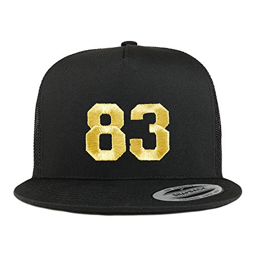 Trendy Apparel Shop Number 83 Gold Thread Embroidered Flat Bill 5 Panel Trucker Cap