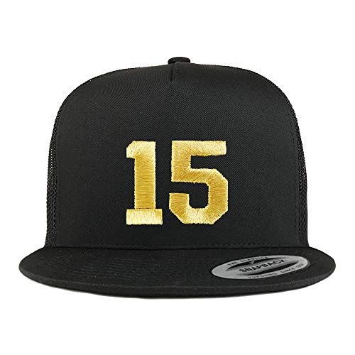 Trendy Apparel Shop Number 15 Gold Thread Embroidered Flat Bill 5 Panel Trucker Cap