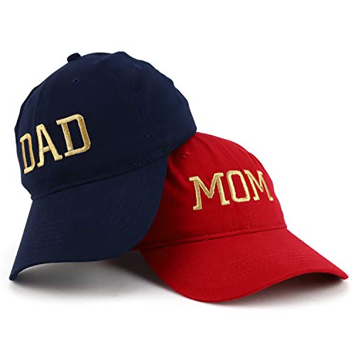 Trendy Apparel Shop Capital Gold Thread Mom and Dad Soft Cotton 2 Pc Cap Set