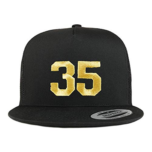 Trendy Apparel Shop Number 35 Gold Thread Embroidered Flat Bill 5 Panel Trucker Cap