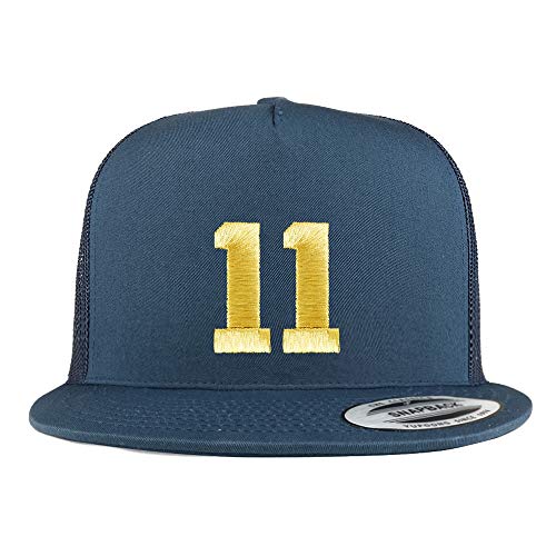 Trendy Apparel Shop Number 11 Gold Thread Embroidered Flat Bill 5 Panel Trucker Cap