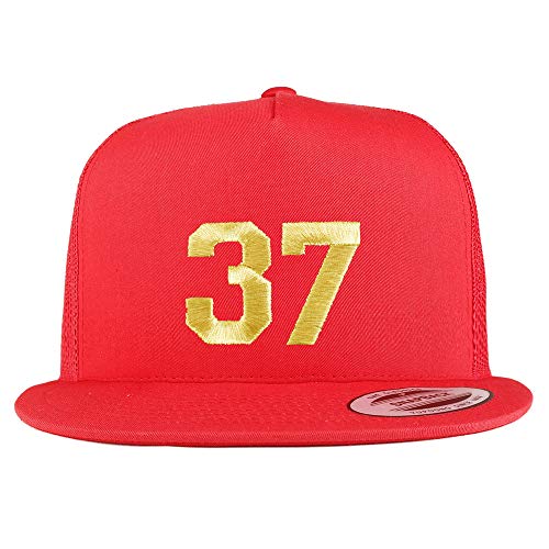 Trendy Apparel Shop Number 37 Gold Thread Embroidered Flat Bill 5 Panel Trucker Cap