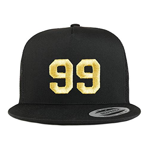 Trendy Apparel Shop Number 99 Gold Thread Embroidered Flat Bill 5 Panel Trucker Cap