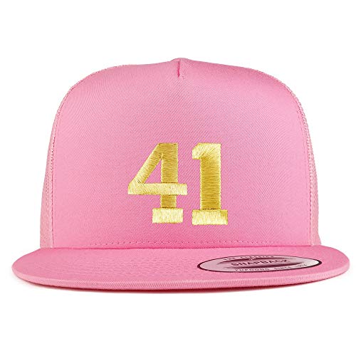 Trendy Apparel Shop Number 41 Gold Thread Embroidered Flat Bill 5 Panel Trucker Cap