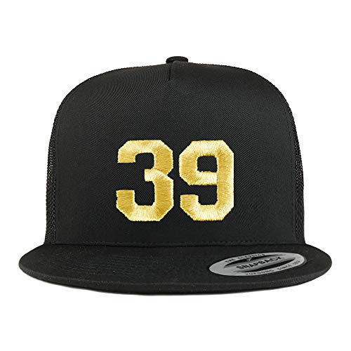 Trendy Apparel Shop Number 39 Gold Thread Embroidered Flat Bill 5 Panel Trucker Cap