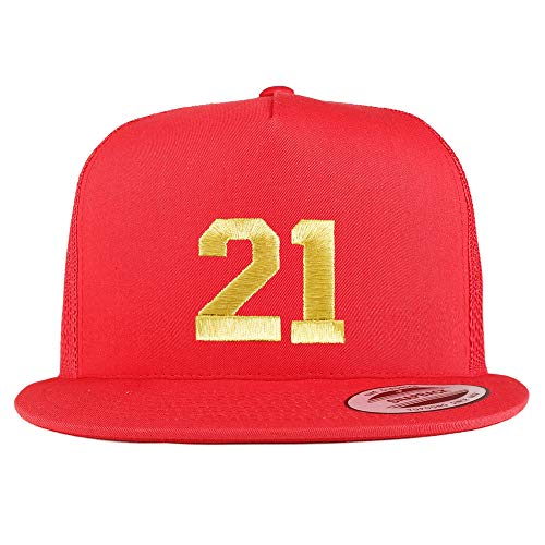 Trendy Apparel Shop Number 21 Gold Thread Embroidered Flat Bill 5 Panel Trucker Cap