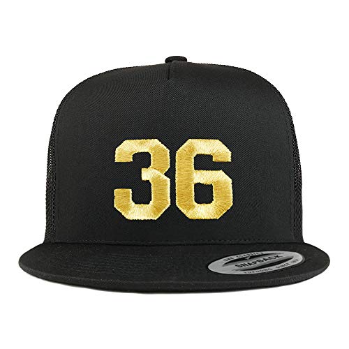 Trendy Apparel Shop Number 36 Gold Thread Embroidered Flat Bill 5 Panel Trucker Cap