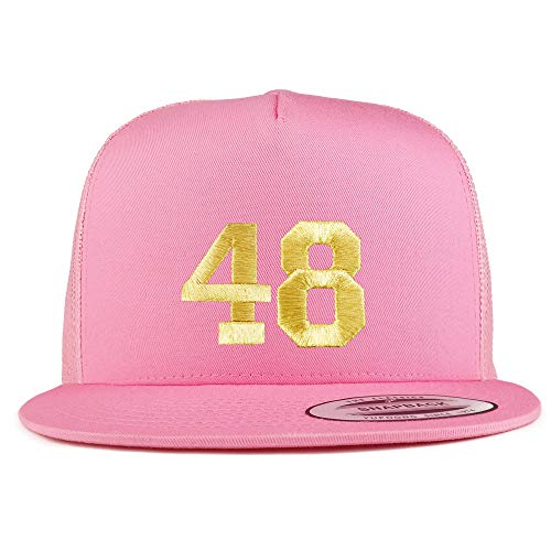 Trendy Apparel Shop Number 48 Gold Thread Embroidered Flat Bill 5 Panel Trucker Cap