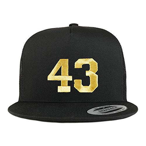 Trendy Apparel Shop Number 43 Gold Thread Embroidered Flat Bill 5 Panel Trucker Cap