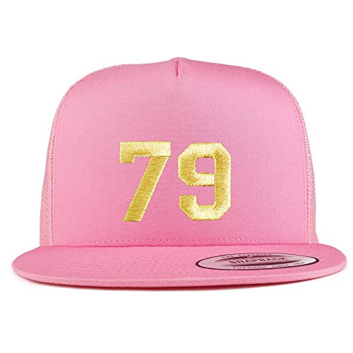 Trendy Apparel Shop Number 79 Gold Thread Embroidered Flat Bill 5 Panel Trucker Cap