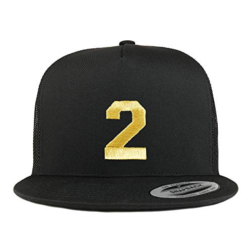 Trendy Apparel Shop Number 2 Gold Thread Embroidered Flat Bill 5 Panel Trucker Cap