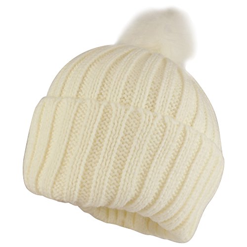 Trendy Apparel Shop Kid's Ribbed Knit Cuff Beanie with Fur Pom Pom