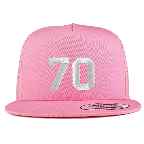 Trendy Apparel Shop Number 70 White Thread Embroidered Flat Bill 5 Panel Trucker Cap