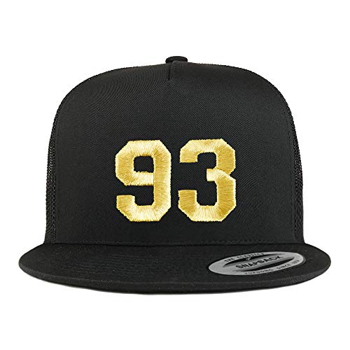 Trendy Apparel Shop Number 93 Gold Thread Embroidered Flat Bill 5 Panel Trucker Cap