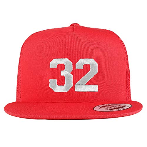 Trendy Apparel Shop Number 32 White Thread Embroidered Flat Bill 5 Panel Trucker Cap