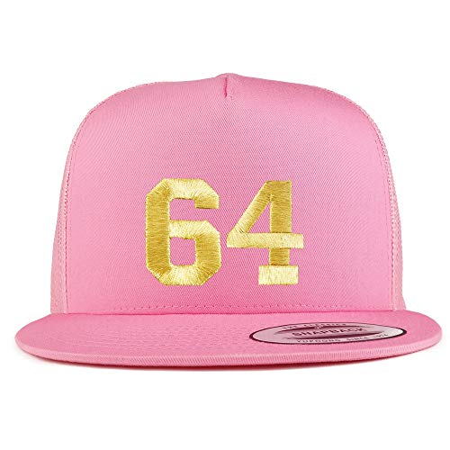 Trendy Apparel Shop Number 64 Gold Thread Embroidered Flat Bill 5 Panel Trucker Cap