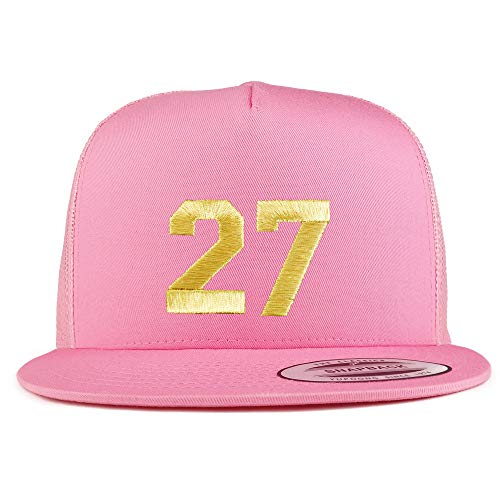 Trendy Apparel Shop Number 27 Gold Thread Embroidered Flat Bill 5 Panel Trucker Cap