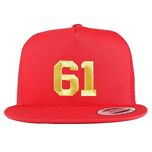 Trendy Apparel Shop Number 61 Gold Thread Embroidered Flat Bill 5 Panel Trucker Cap