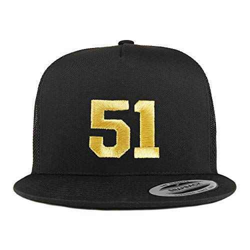 Trendy Apparel Shop Number 51 Gold Thread Embroidered Flat Bill 5 Panel Trucker Cap