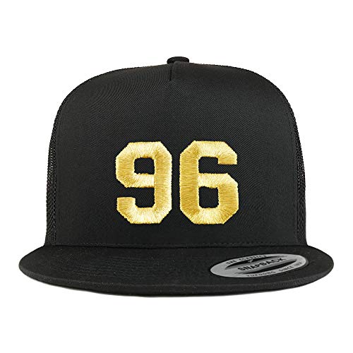 Trendy Apparel Shop Number 96 Gold Thread Embroidered Flat Bill 5 Panel Trucker Cap