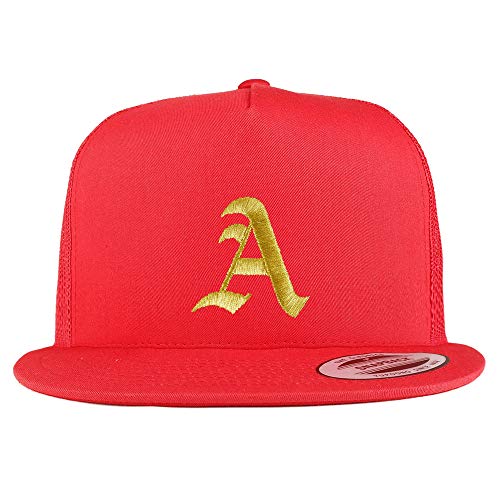 Trendy Apparel Shop Old English Gold A Embroidered 5 Panel Flatbill Trucker Mesh Cap