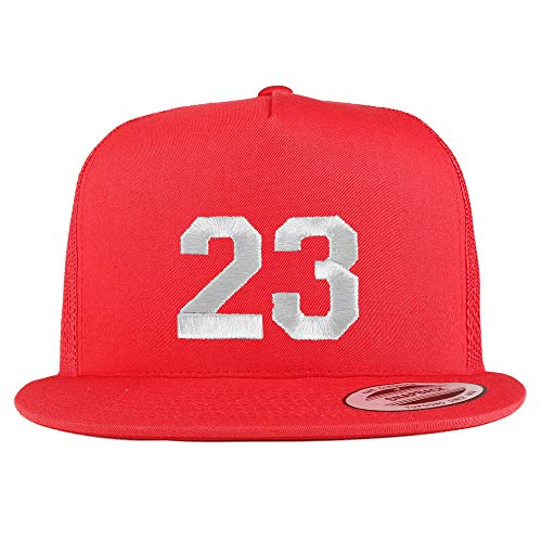 Trendy Apparel Shop Number 23 White Thread Embroidered Flat Bill 5 Panel Trucker Cap