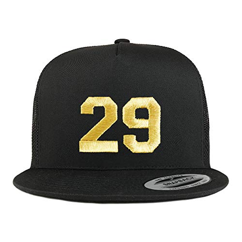 Trendy Apparel Shop Number 29 Gold Thread Embroidered Flat Bill 5 Panel Trucker Cap