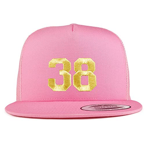 Trendy Apparel Shop Number 38 Gold Thread Embroidered Flat Bill 5 Panel Trucker Cap